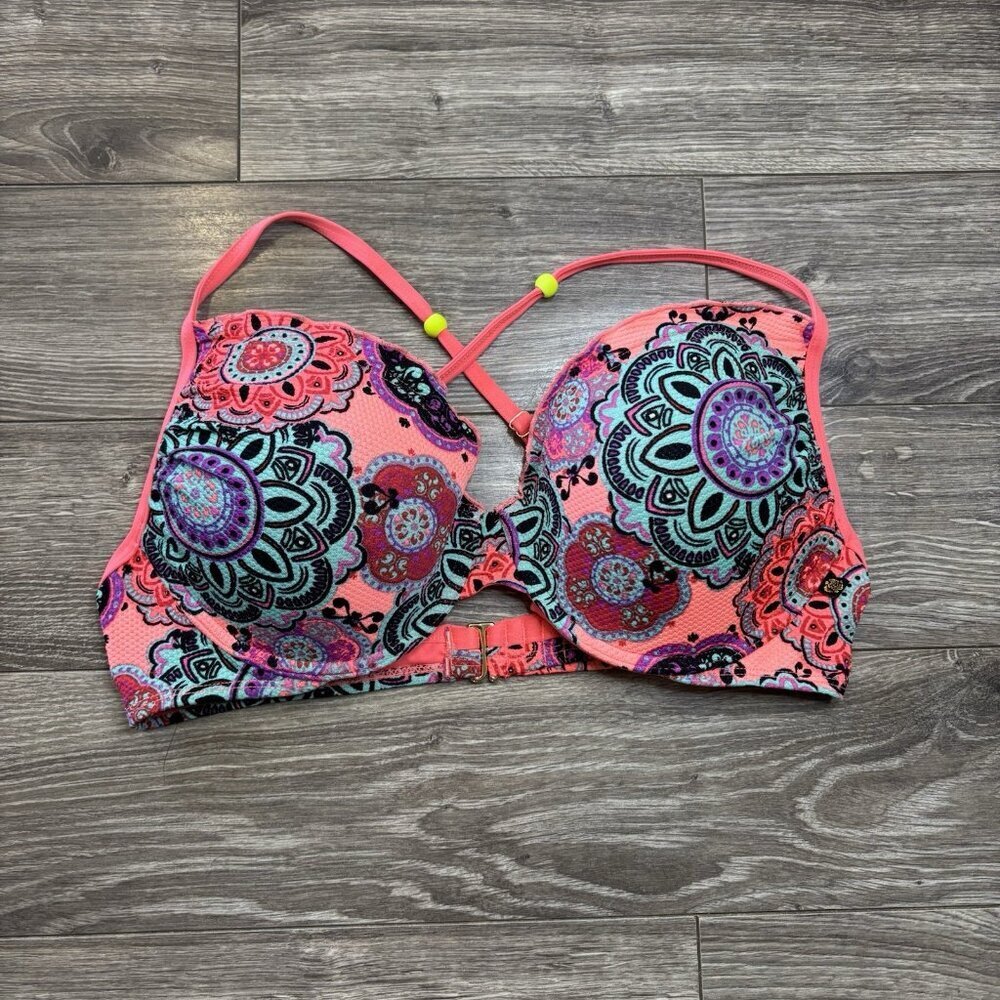 La Vie En Rose Aqua Push Up Bikini TOP ONLY Womens Floral Pink XL Underwire Swim